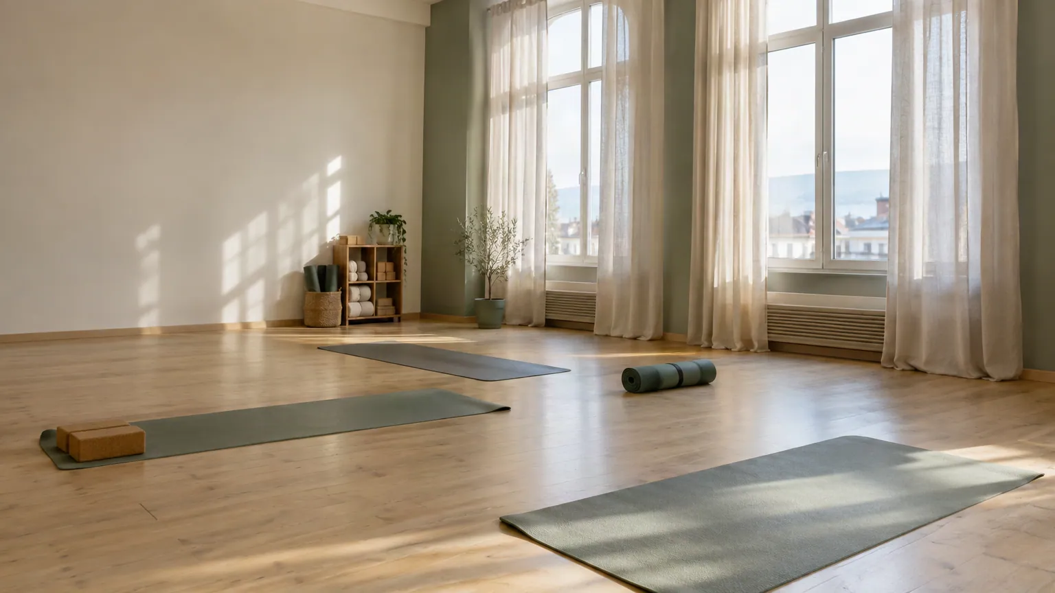 Estudio luminoso de yoga y pilates con esterillas, madera natural y cortinas de lino.